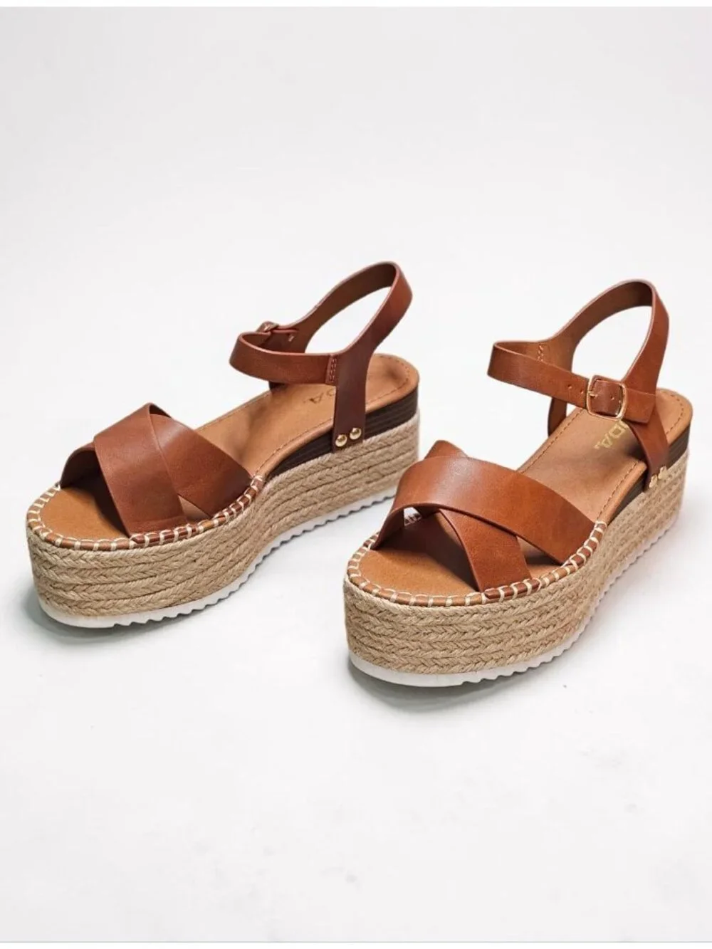 Tan Platform Espadrille Sandals With Buckle Strap Crisscross Upper & White Sole